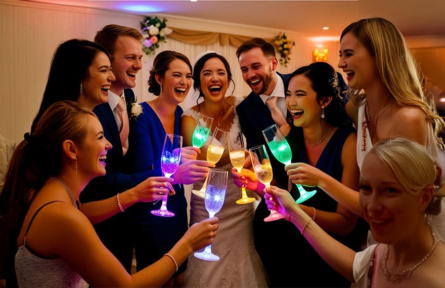 A joyful group toasting with glowing champagne glasses at a wedding celebration