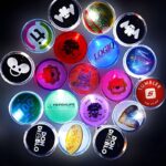 About 20 different LED pin designs in a dark room all lighting up with customized logos and artwork