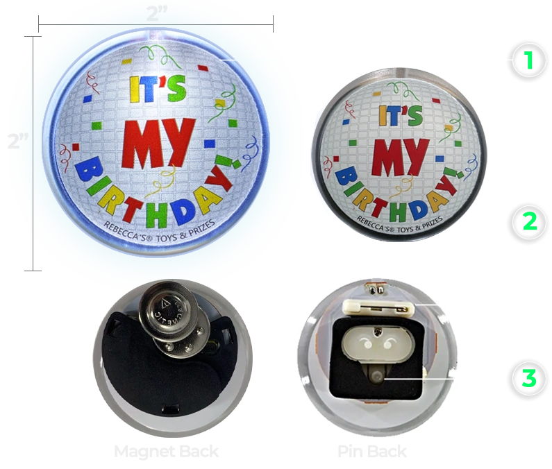 Image of a birthday button magnet back, accompanied by a diagram explaining how light-up pins operate and attach.