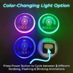 Three color changing LED pin designs flashing different colors showing how back power button changes light modes