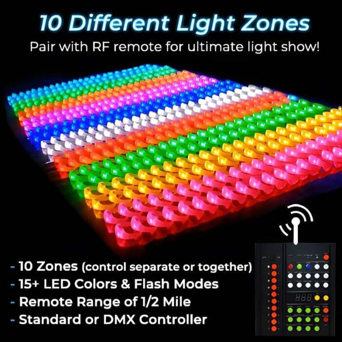 Group DMX bracelets into 10 different light zones with bright neon colors using remote control