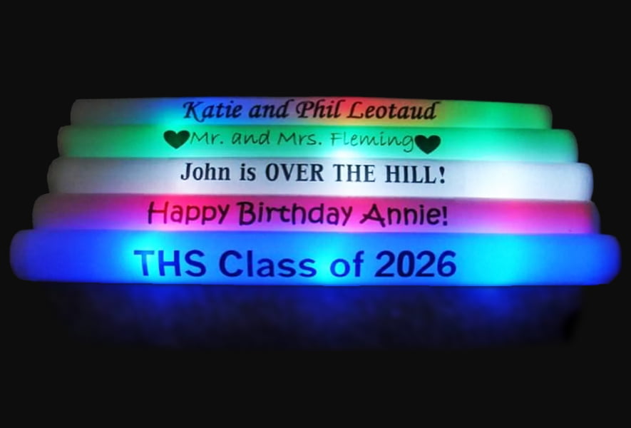 five 16 inch light up foam sticks with custom logo