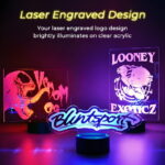 Laser engraved logos on 3 different clear acrylic led signs