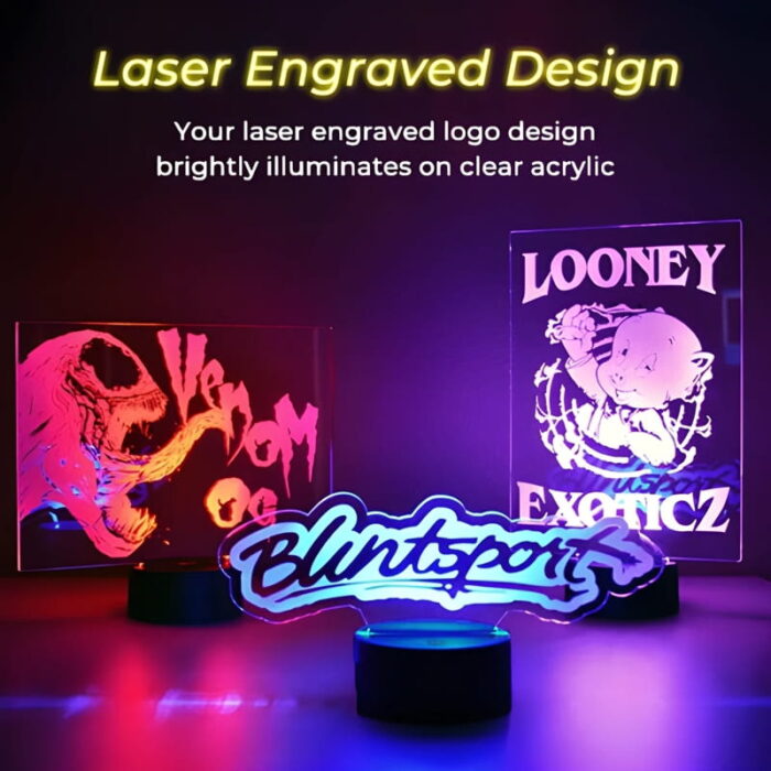Laser engraved logos on 3 different clear acrylic led signs