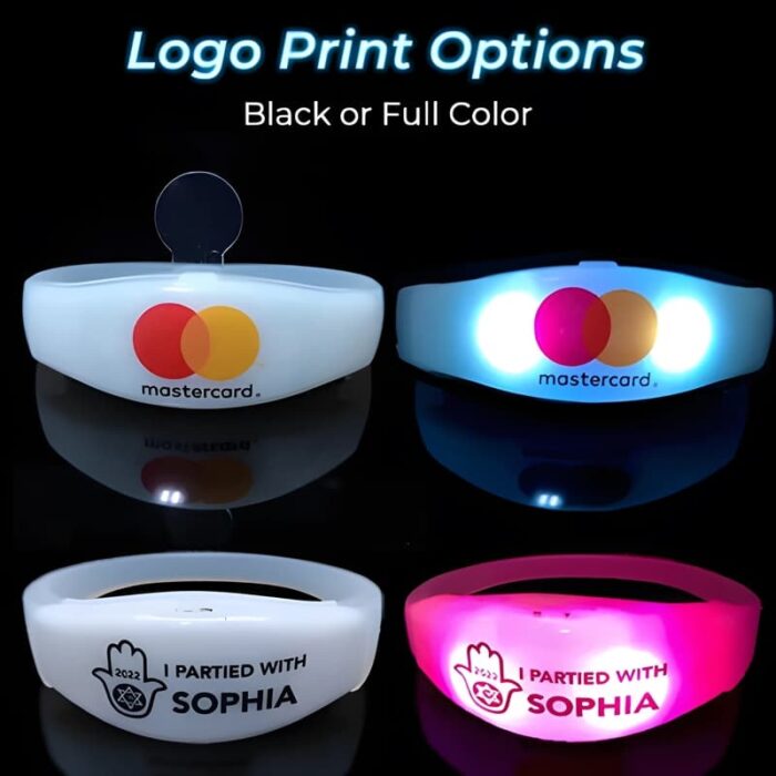 Two silicone remote activated bracelets with printed logo