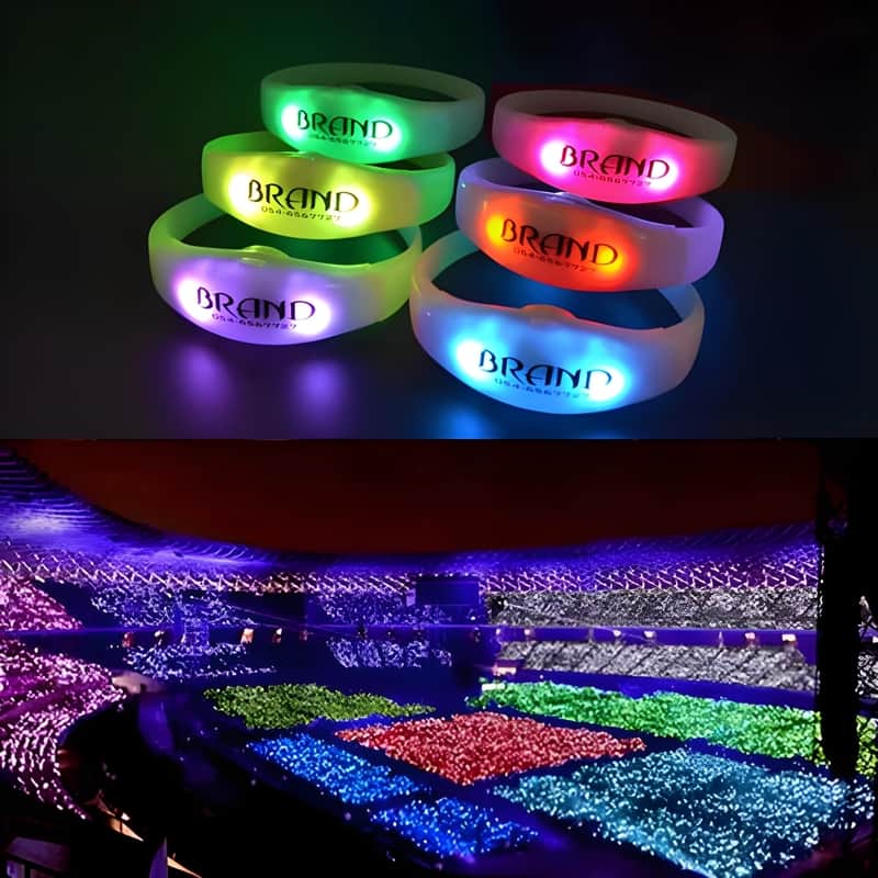A split image of six vibrant "be the light" wristbands over a stadium filled with fans' colorful LED bracelets.