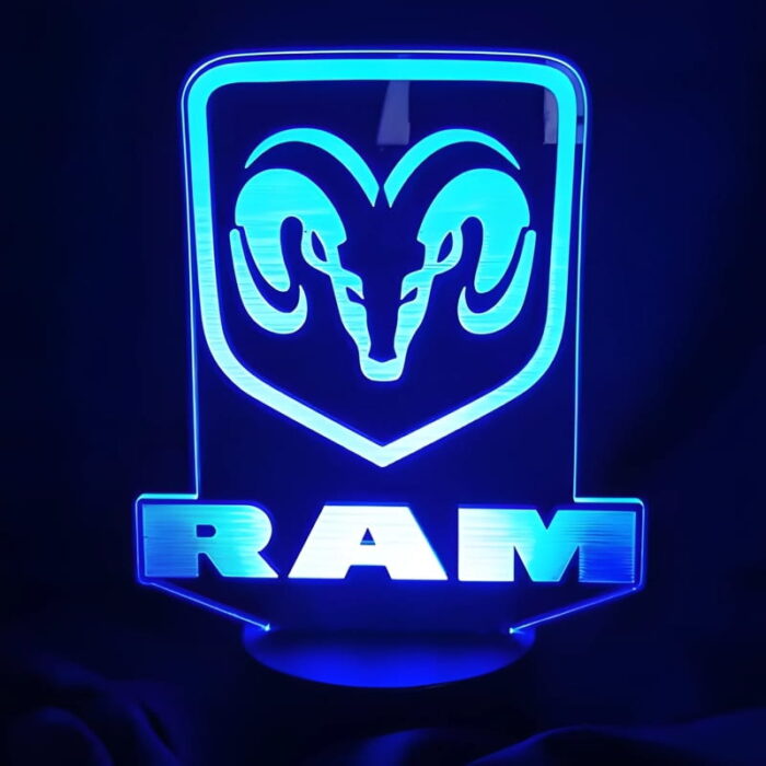 Dodge ram logo lighting up bright blue on acrylic LED table sign