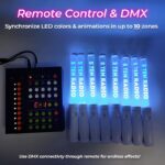 8 LED Wands with custom radio station logo next to wireless remote control with DMX connectivity