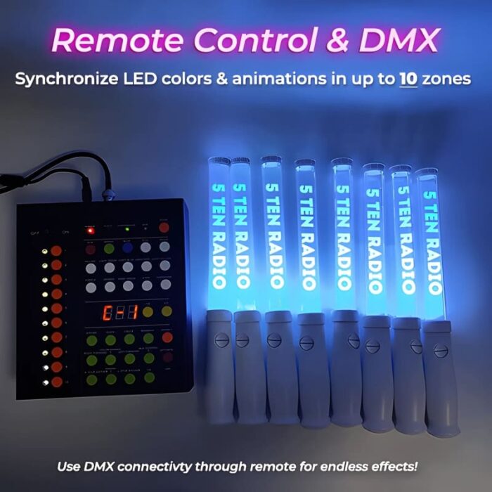 8 LED Wands with custom radio station logo next to wireless remote control with DMX connectivity