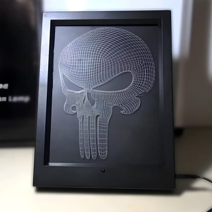 custom engraving of a skull on acrylic frame