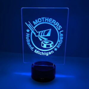 hockey league table sign glowing blue on acrylic sign