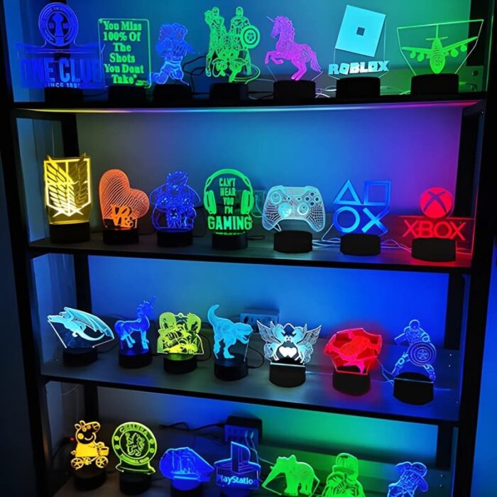 Four row display shelf full of custom acrylic led signs