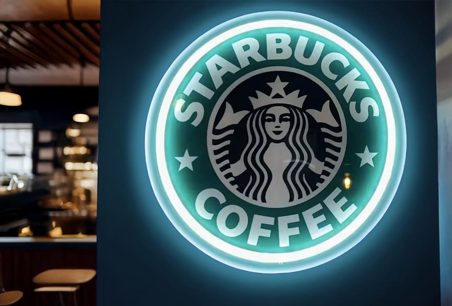 A custom neon outlined sign with uv print featuring the Starbuck's brand