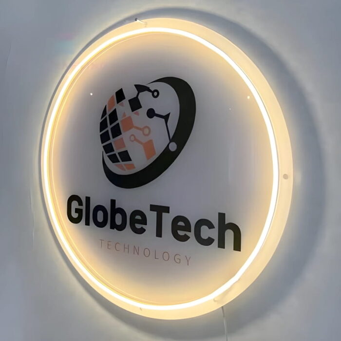 Technology company logo UV printed and lighting up through neon sign
