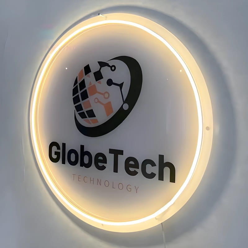 Technology company logo UV printed and lighting up through neon sign