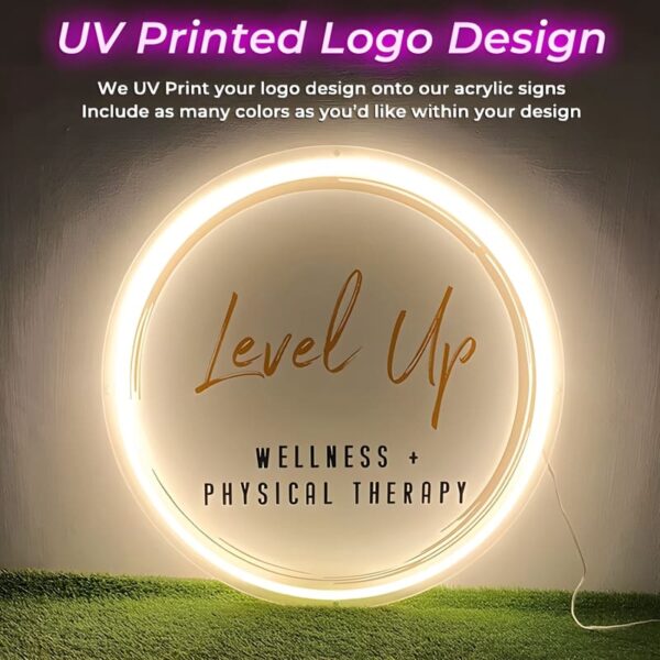 Neon sign with Level Up logo UV printed onto acrylic for wellness and physical therapy business
