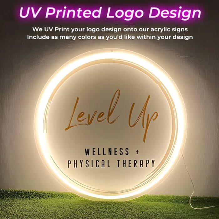 Neon sign with Level Up logo UV printed onto acrylic for wellness and physical therapy business