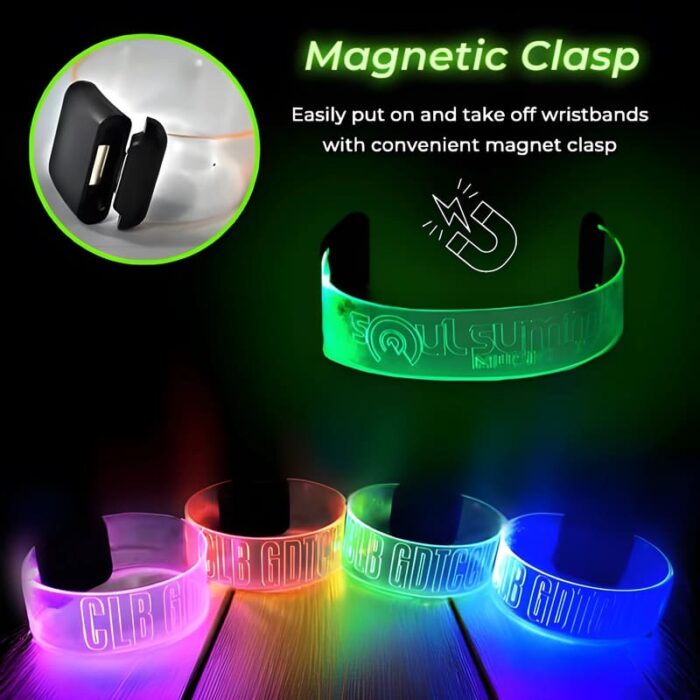 Diagram showing magnetic clasp used to put on and take off LED wristbands