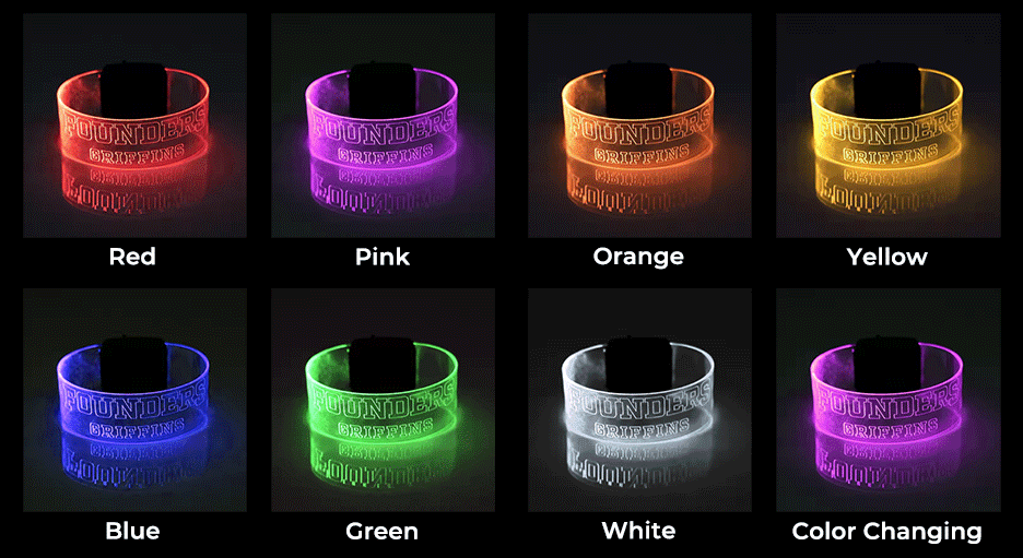 Eight XL magnetic LED wristbands displayed in various colors: red, pink, orange, yellow, blue, green, white, and color-changing.