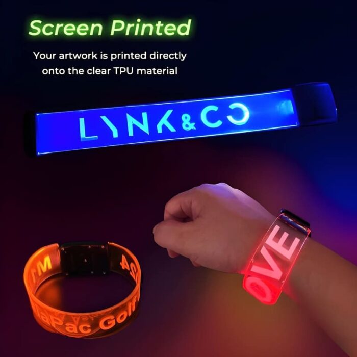 Screen printed bold lettering on magnetic led bracelets