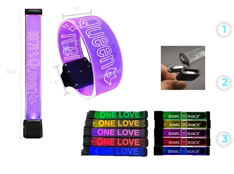An assortment of XL LED magnetic wristbands in various colors, featuring printed branding and engraved logos.