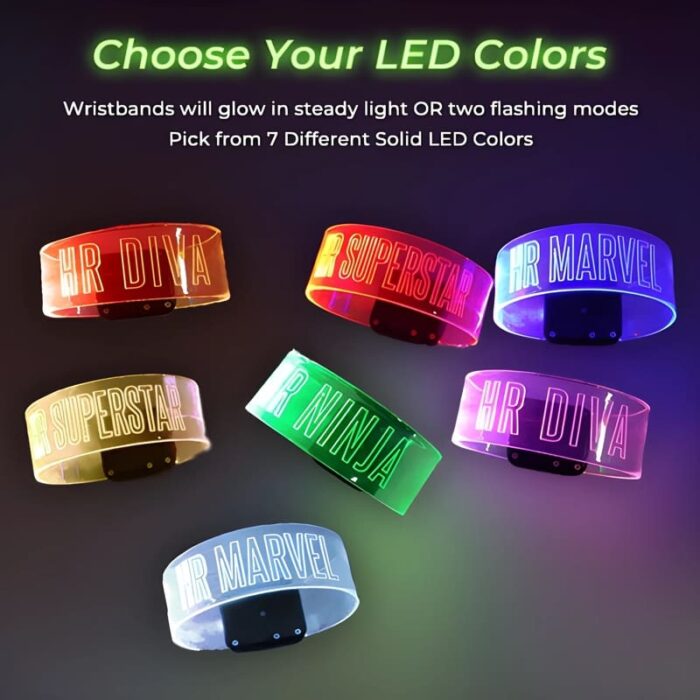7 Different Solid LED colors available to customize XL wristbands with: orange, red, blue, yellow, green, pink and white
