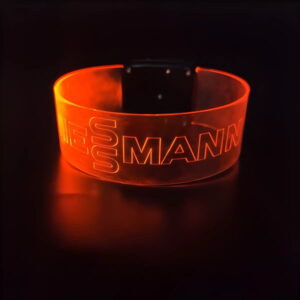 Veissmann logo lighting up on red LED wristband