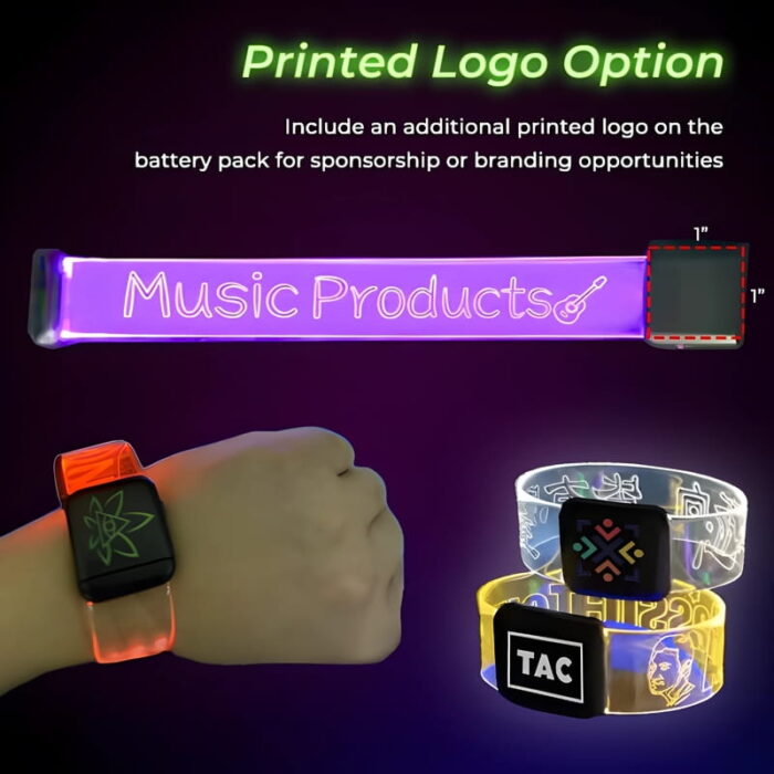 Diagram showing logo print available on battery pack of LED wristbands for additional branding