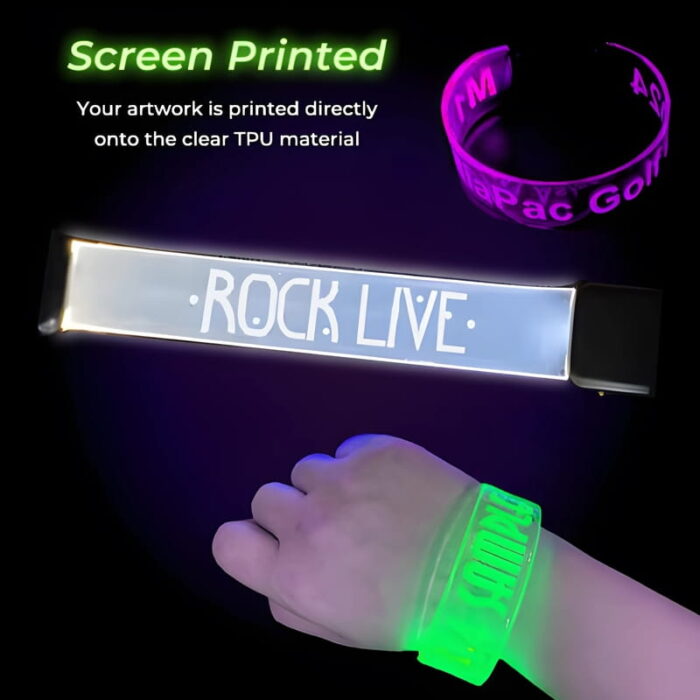 Three examples of screen printed LED wristbands