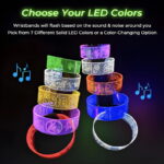 10 different engraved LED wristbands illuminating different colors with laser