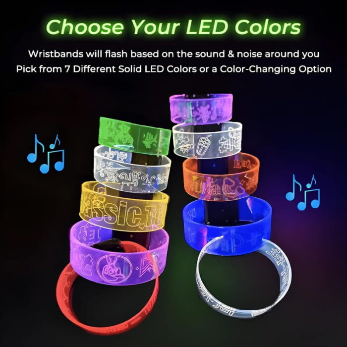 10 different engraved LED wristbands illuminating different colors with laser