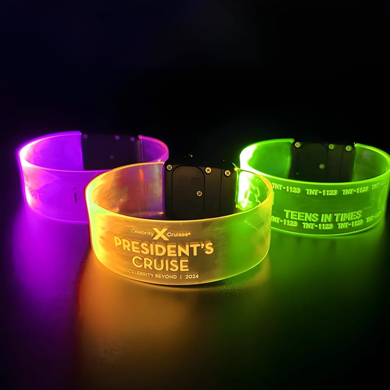 3 screen printed LED bracelets for cruise glowing bright pink, yellow and green