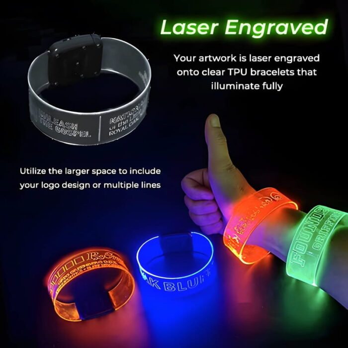 Pictures of laser engraving on clear TPU wristbands shown off and powered on glowing bright neon colors