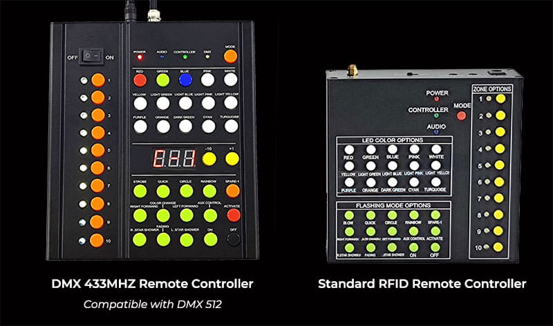 Side by side comparison of DMX compatible remote controller vs standard RFID remote