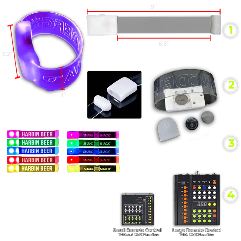 Diagram showing different components and specs for remote controlled XL magnetic wristbands