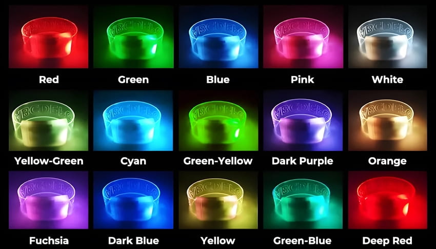 15 built-in LED color options for remote controlled XL wristbands