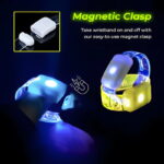 Magnetic clasp on XL LED wristbands shown putting on wrist with clasp open next to two bracelets with the clasp closed