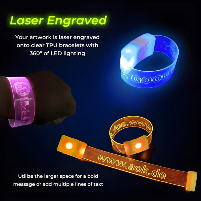 Laser engraved TPU wristbands that illuminate your custom design fully in neon colors