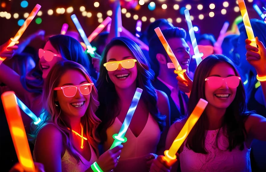 3 girls at a glow party holding light up wands, light up sunglasses under black light
