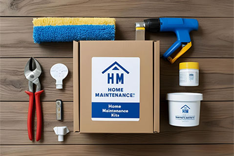 Home maintenance kit featuring various tools and supplies for repairs and upkeep tasks around the house