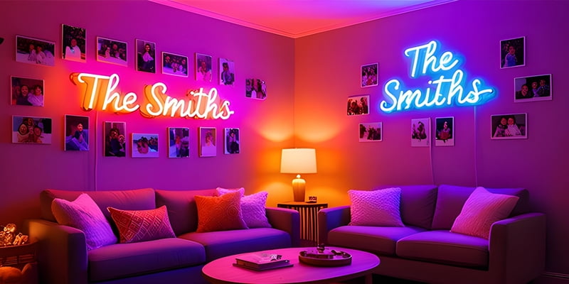 Bright neon sign reading "The Smiths," showcasing a retro aesthetic with glowing letters