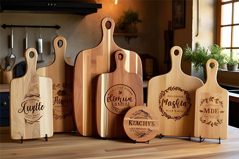 An array of custom cutting boards with personalized engraving