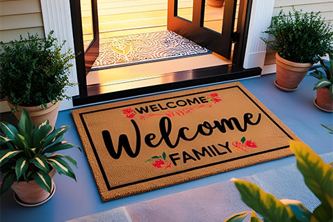 Custom welcome mat featuring the phrase "Welcome to the Family" in an inviting design