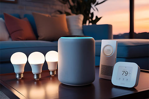 A smart home setup featuring an Amazon Echo, a smart light bulb, and a modern coffee table