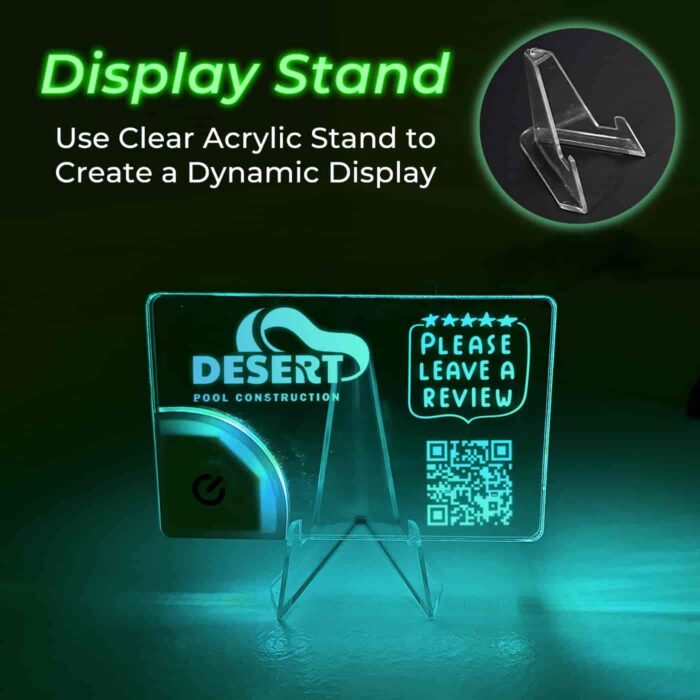 Customized acrylic table card with QR code on a display stand