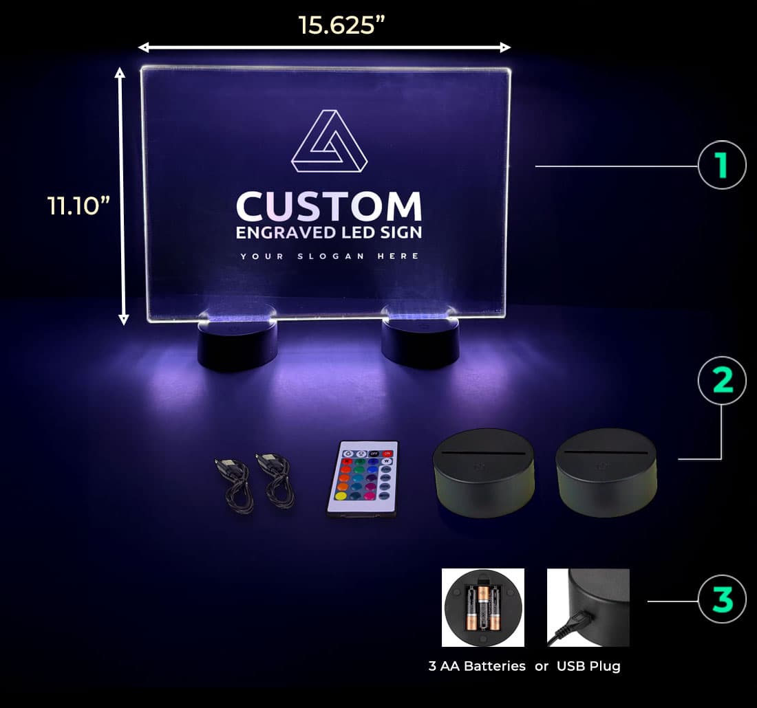 Diagram of a custom LED light display, detailing dimensions, components, and instructions for creating acrylic centerpieces