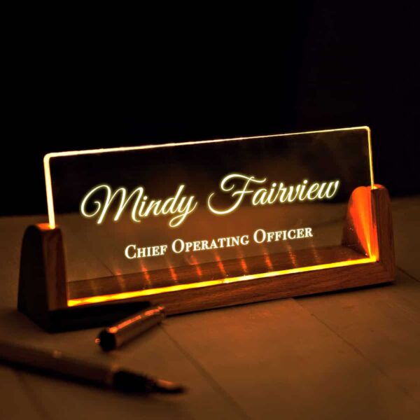 Personalized name light sign with a wooden base, glowing desk sign featuring an etched custom design