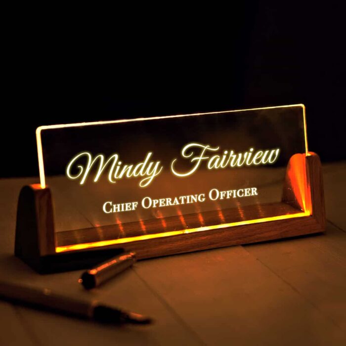 Personalized name light sign with a wooden base, glowing desk sign featuring an etched custom design