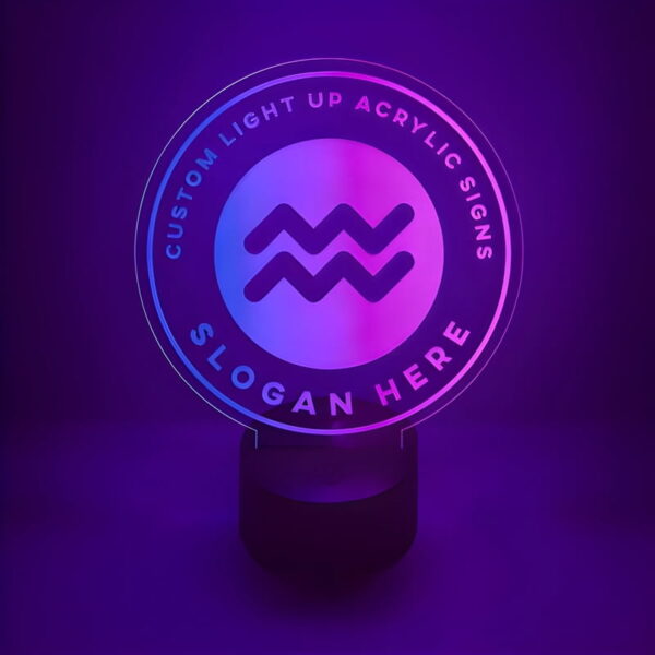 Purple and blue LED lighted table lamp in custom circle shape personalized