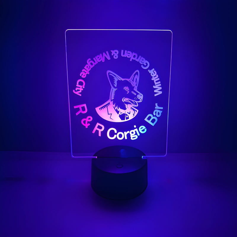 A dog in purple light with "r r corgis," highlighting a custom LED lamp for pets